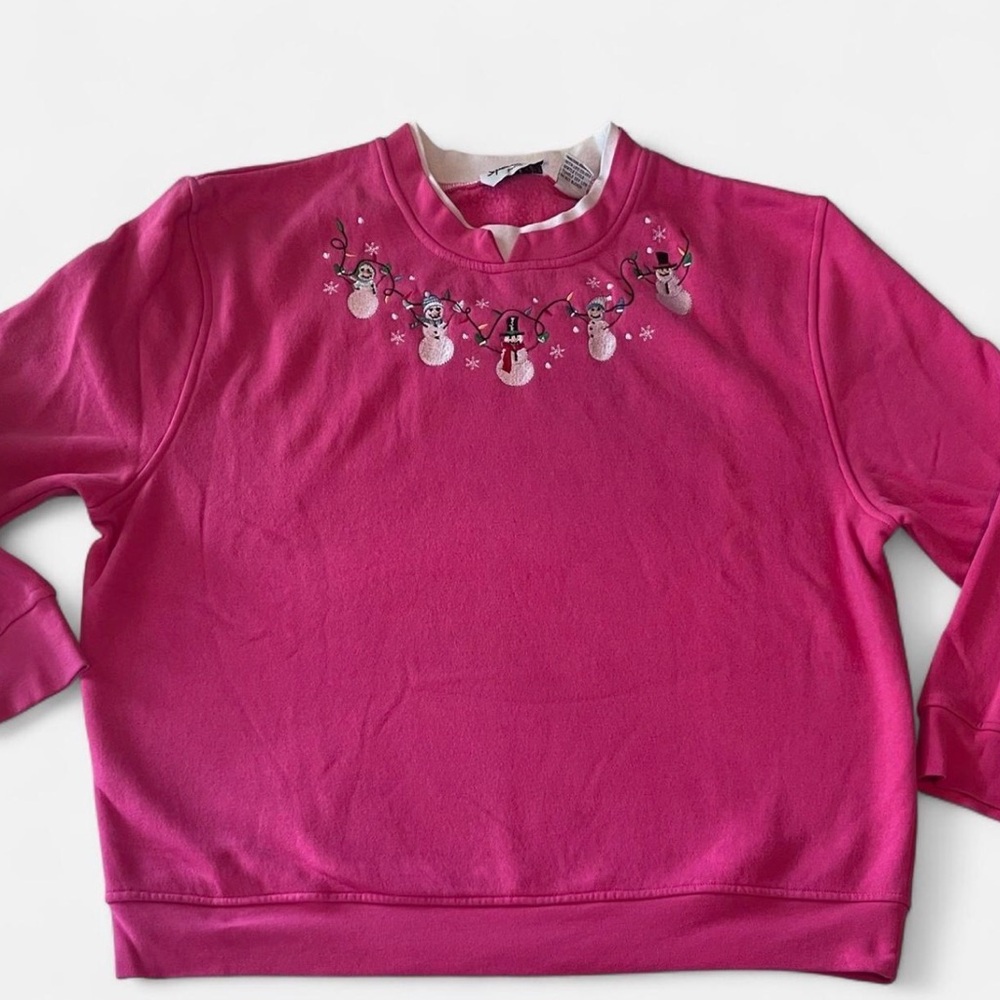 Double Collar Snowman Pink Crewneck Sweatshirt (Petite XL)